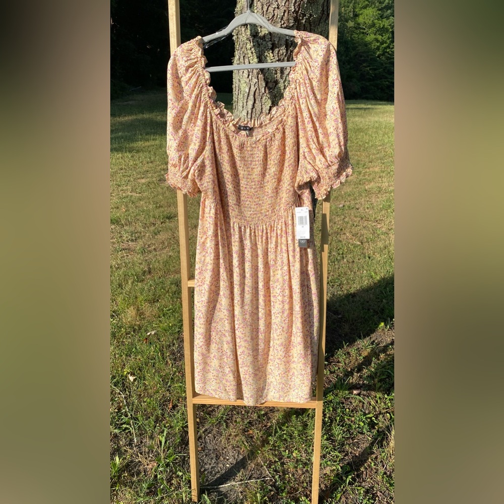 AS U WISH Smocked Dress Fits 3X/4X/5X Peach & Pink Floral Puff Sleeve Babydoll